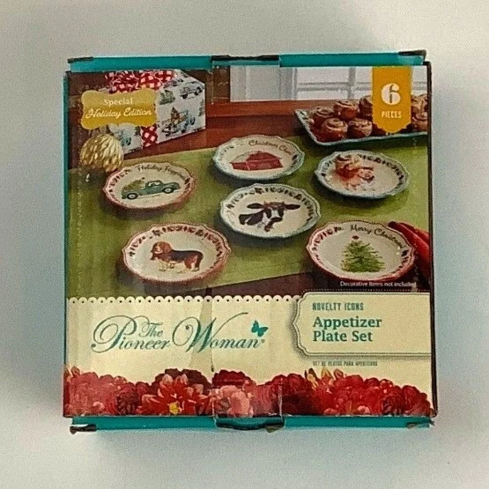 Pioneer Woman Novelty Icons Christmas Appetizer Plate Set 6pc 6.5in Stoneware